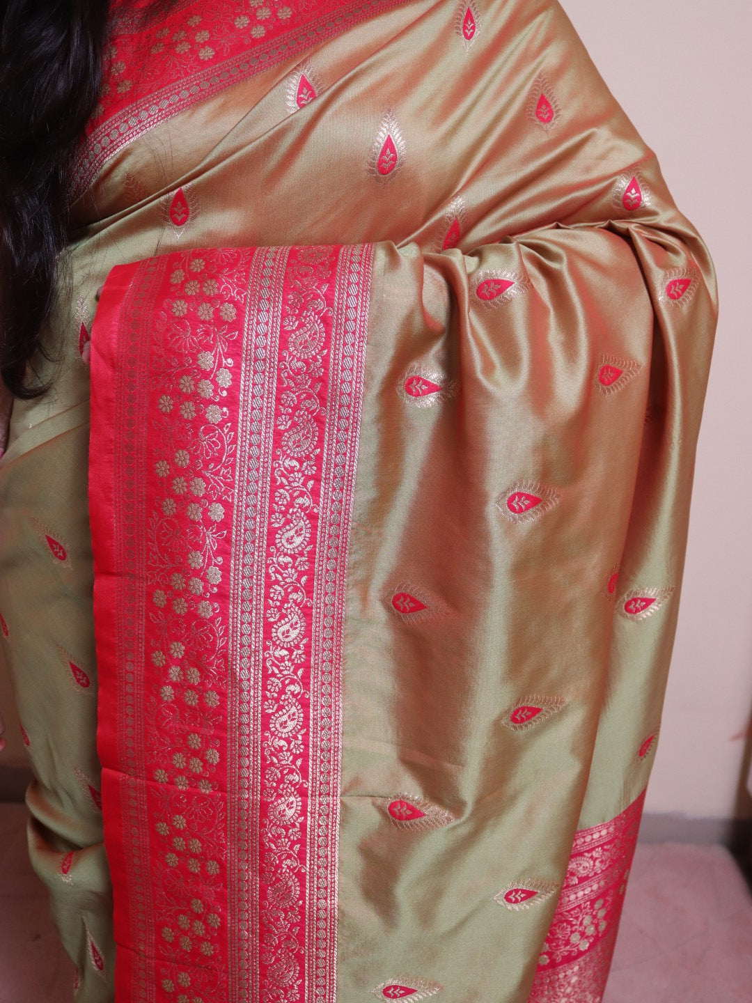 Soft Silk Contrast Border Alfi Buti Weaving - Beige