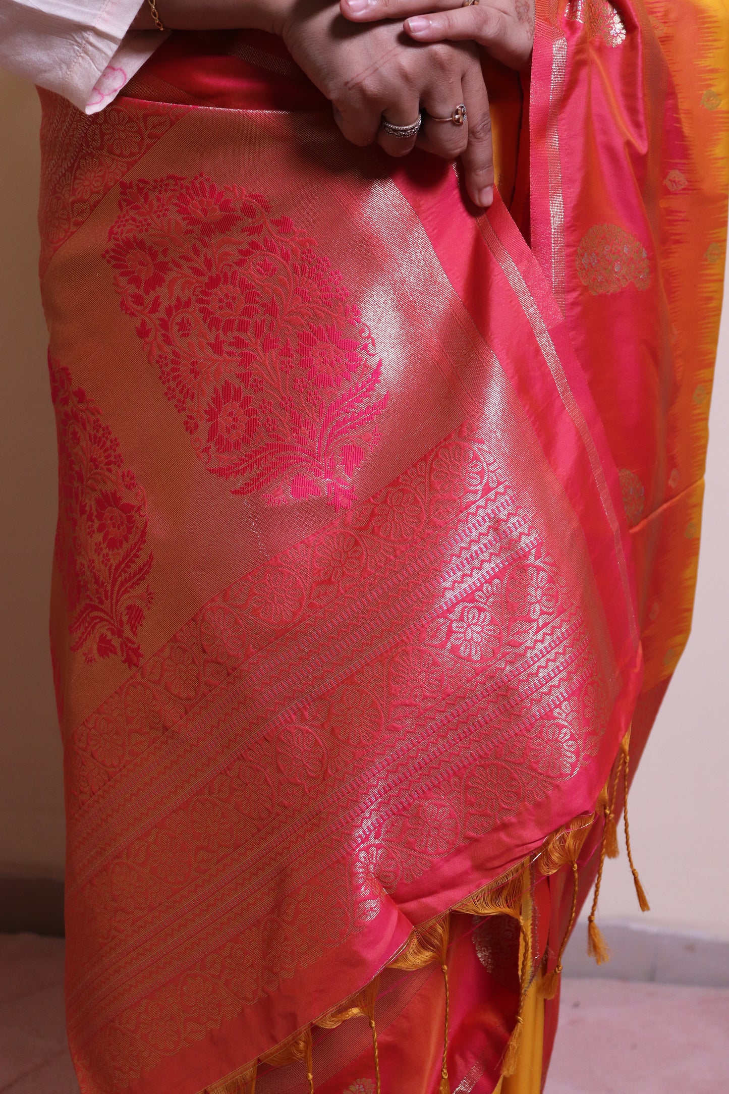 Soft Silk Fabric Motif Designed On Contrast Border - Yellow