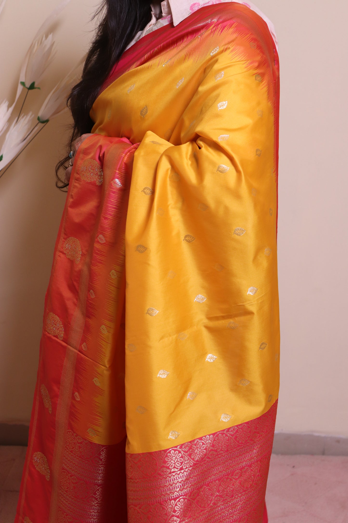 Soft Silk Fabric Motif Designed On Contrast Border - Yellow