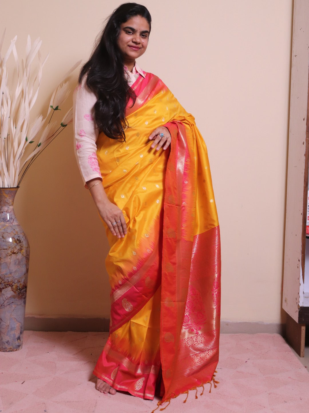 Soft Silk Motif Designed On Contrast Border
