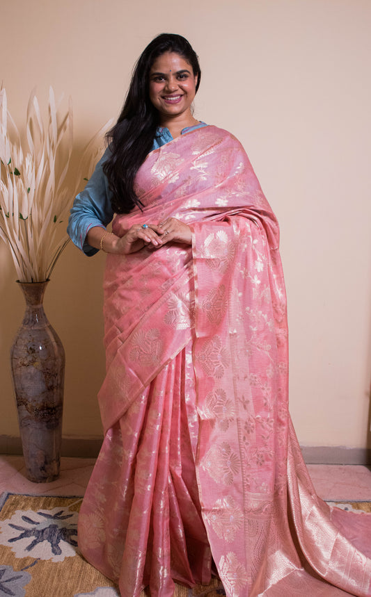 Cotton Silk Motif At Border Jaal Weaving All Over - Peach