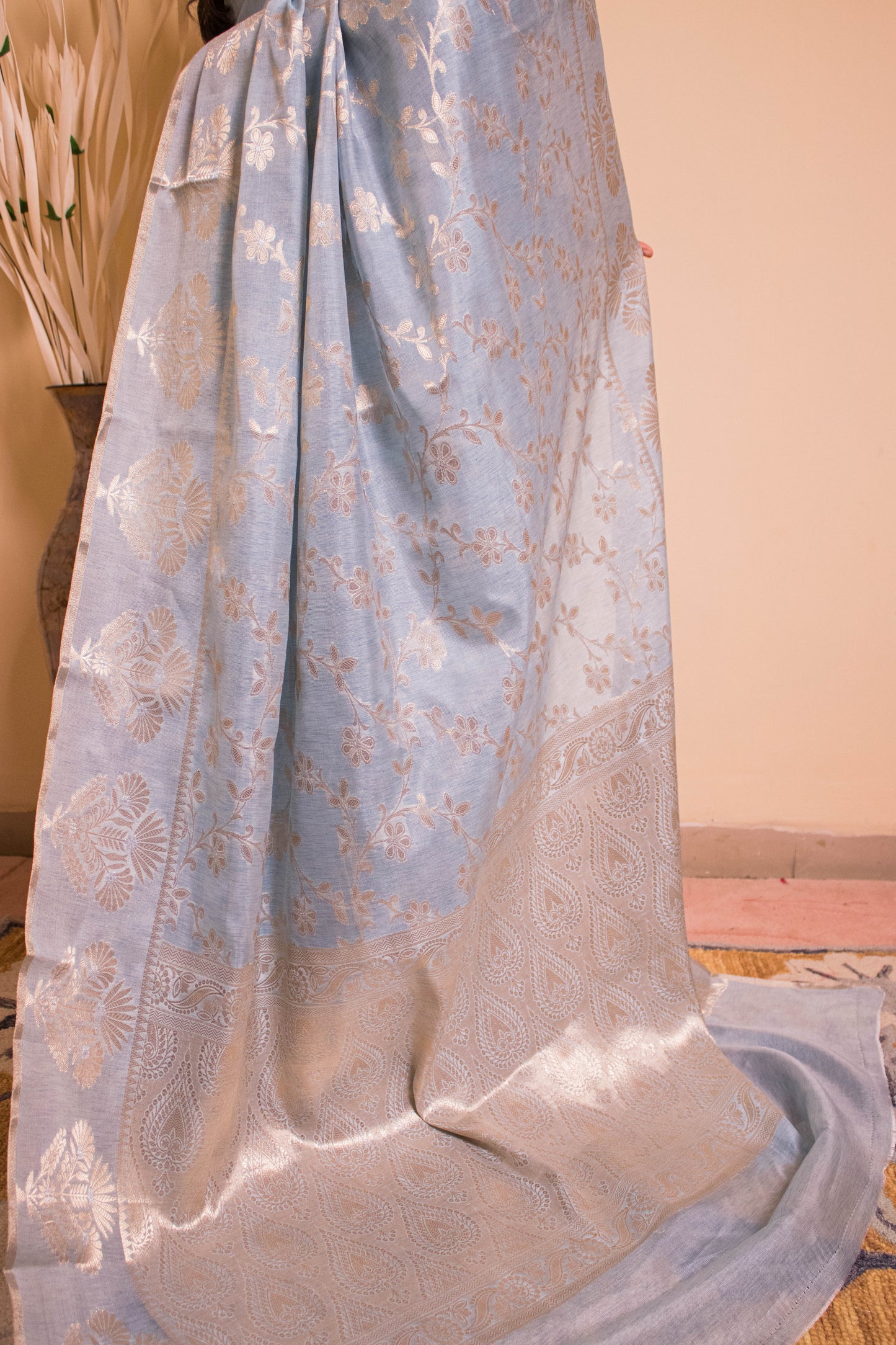 Cotton Silk Motif At Border Jaal Weaving All Over - Blue