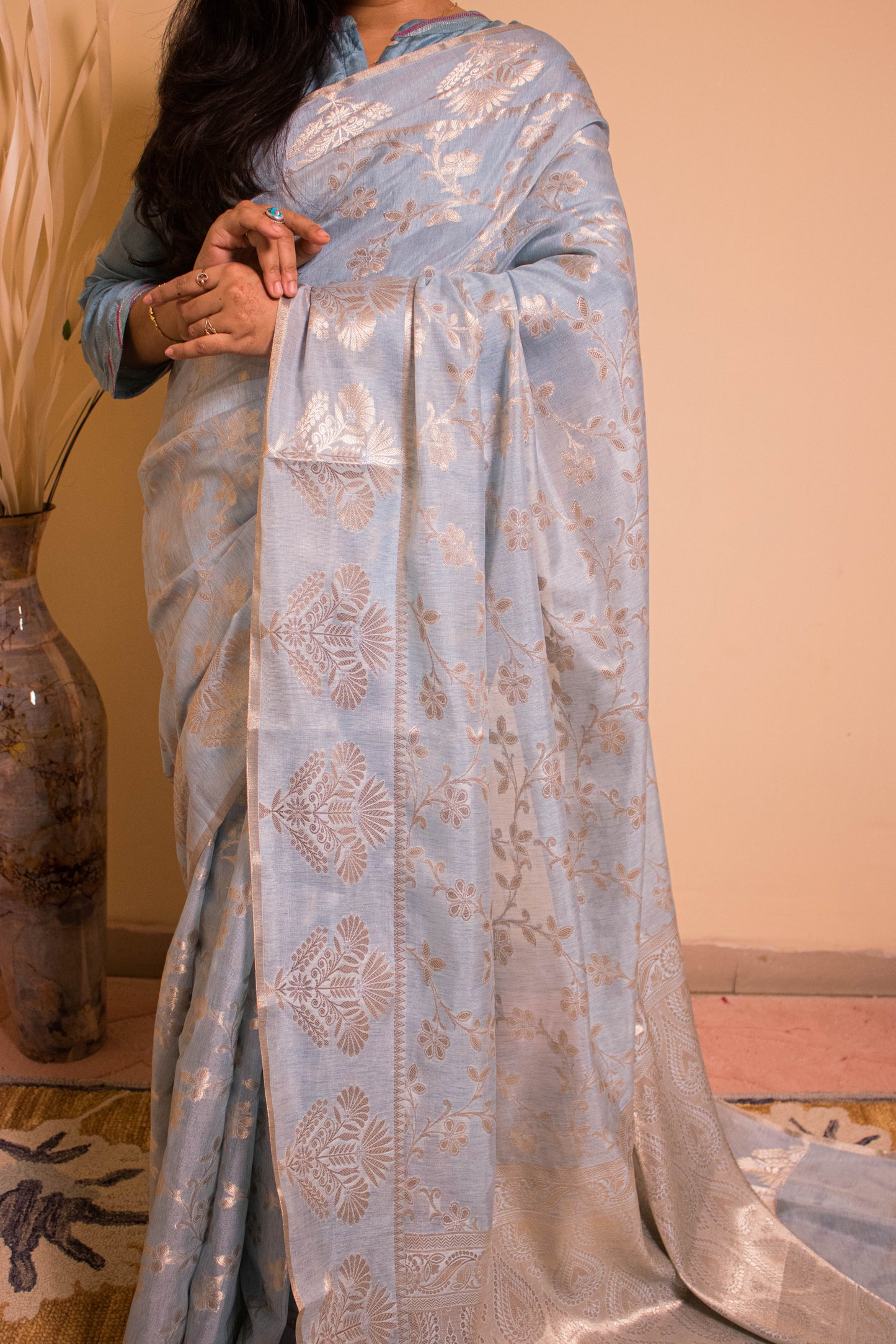 Cotton Silk Motif At Border Jaal Weaving All Over - Blue