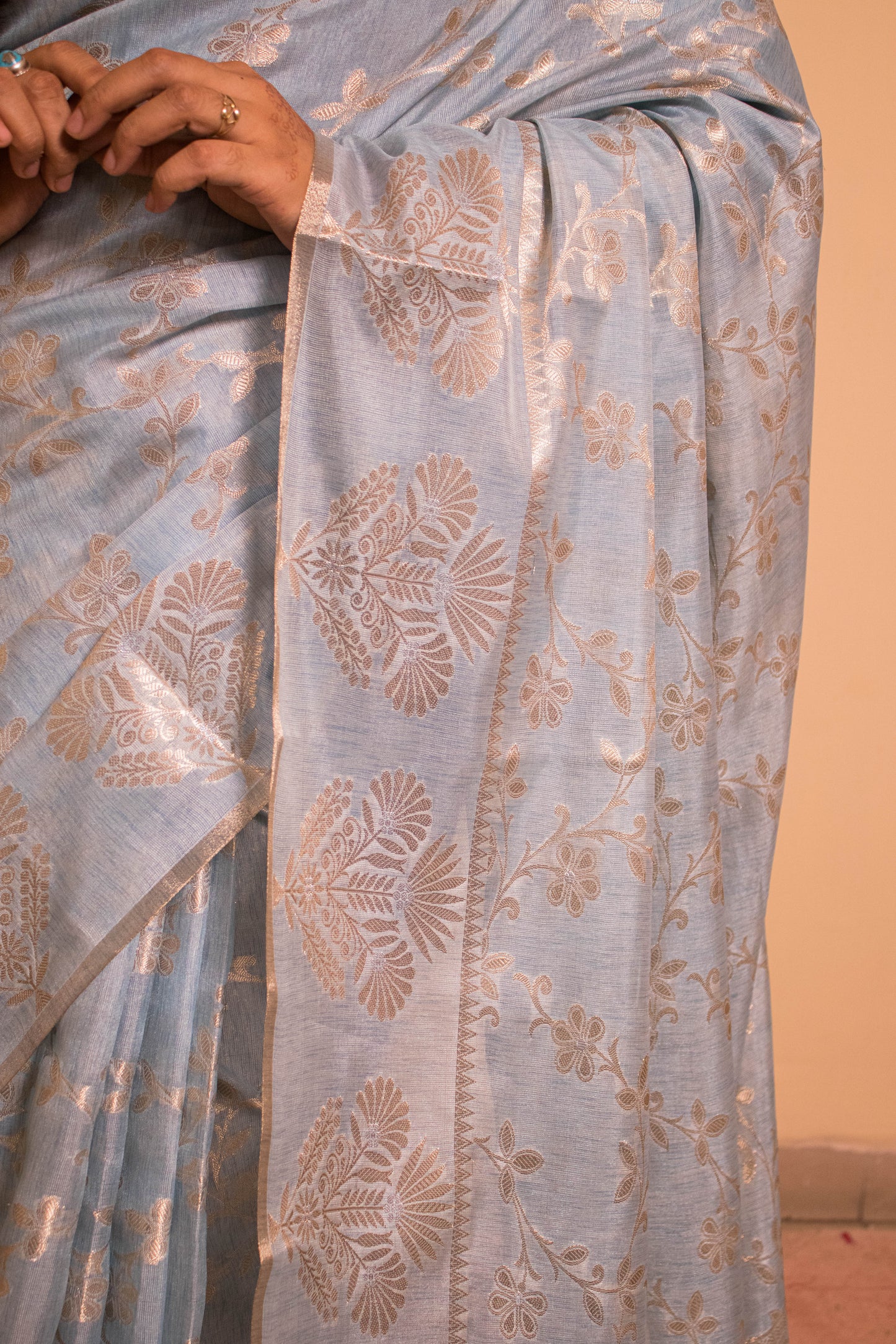 Cotton Silk Motif At Border Jaal Weaving All Over - Blue