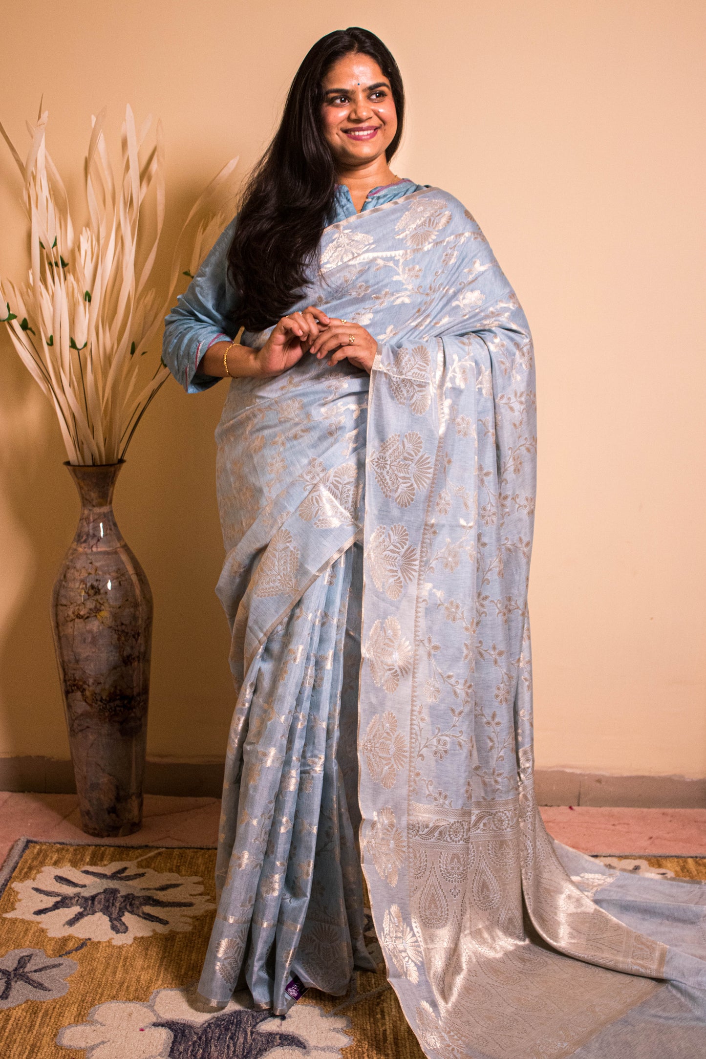 Cotton Silk Motif At Border Jaal Weaving All Over - Blue
