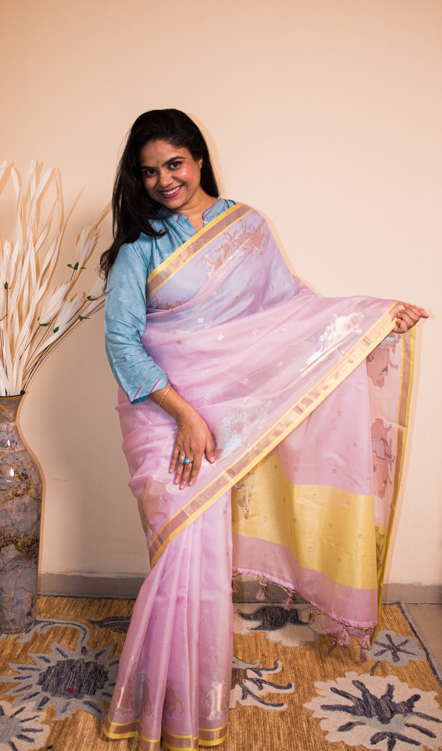 Banarasi Cotton Silk Fabric Nandi Weaved Motifs Golden Silver Weaving - Purple