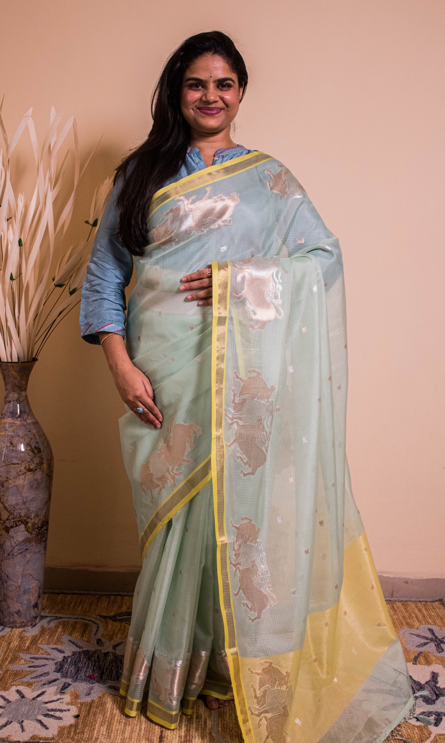Banarasi Cotton Silk Fabric Nandi Weaved Motifs Golden Silver Weaving - Green