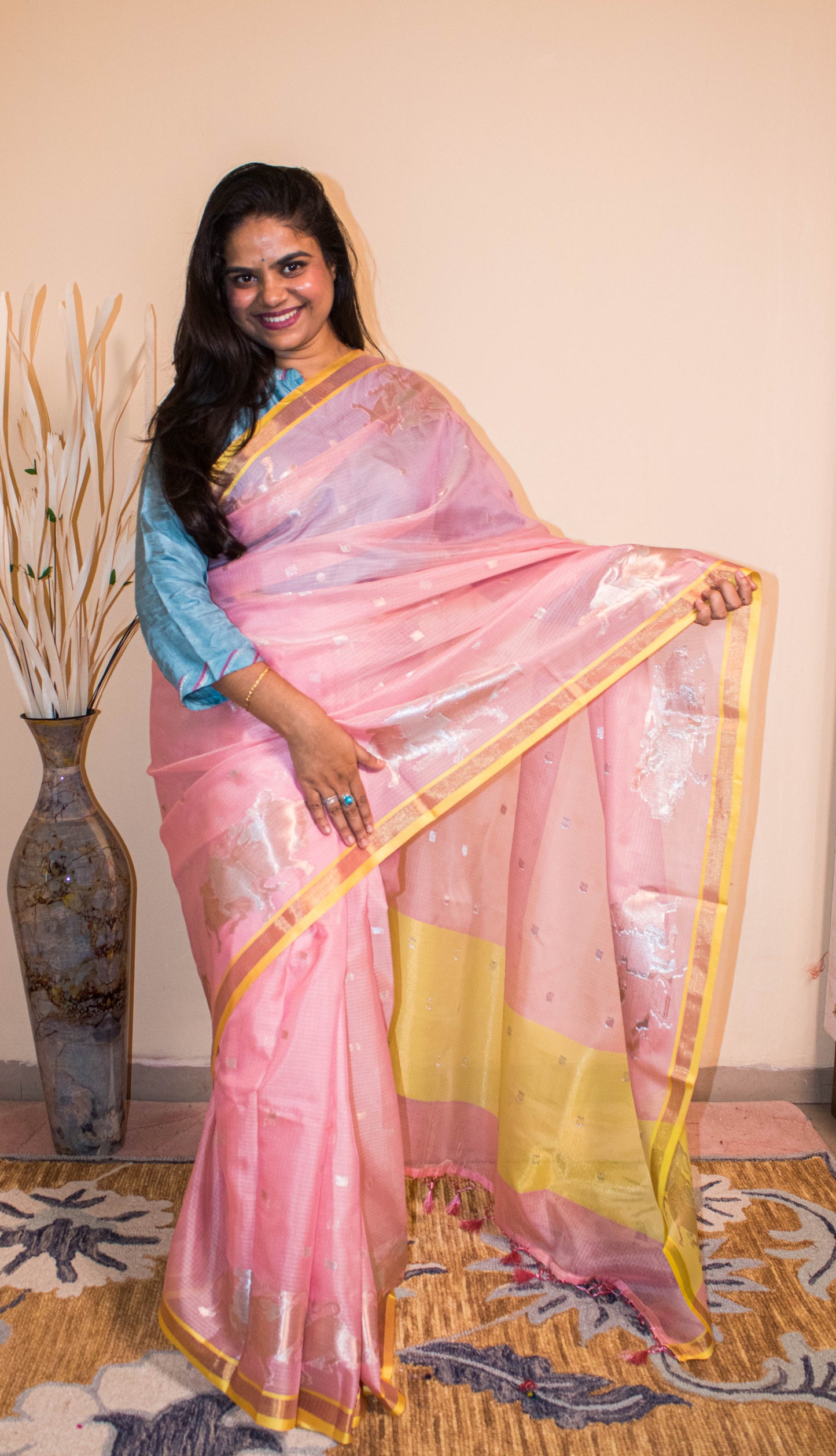 Banarasi Cotton Silk Fabric Nandi Weaved Motifs Golden Silver Weaving - Pink