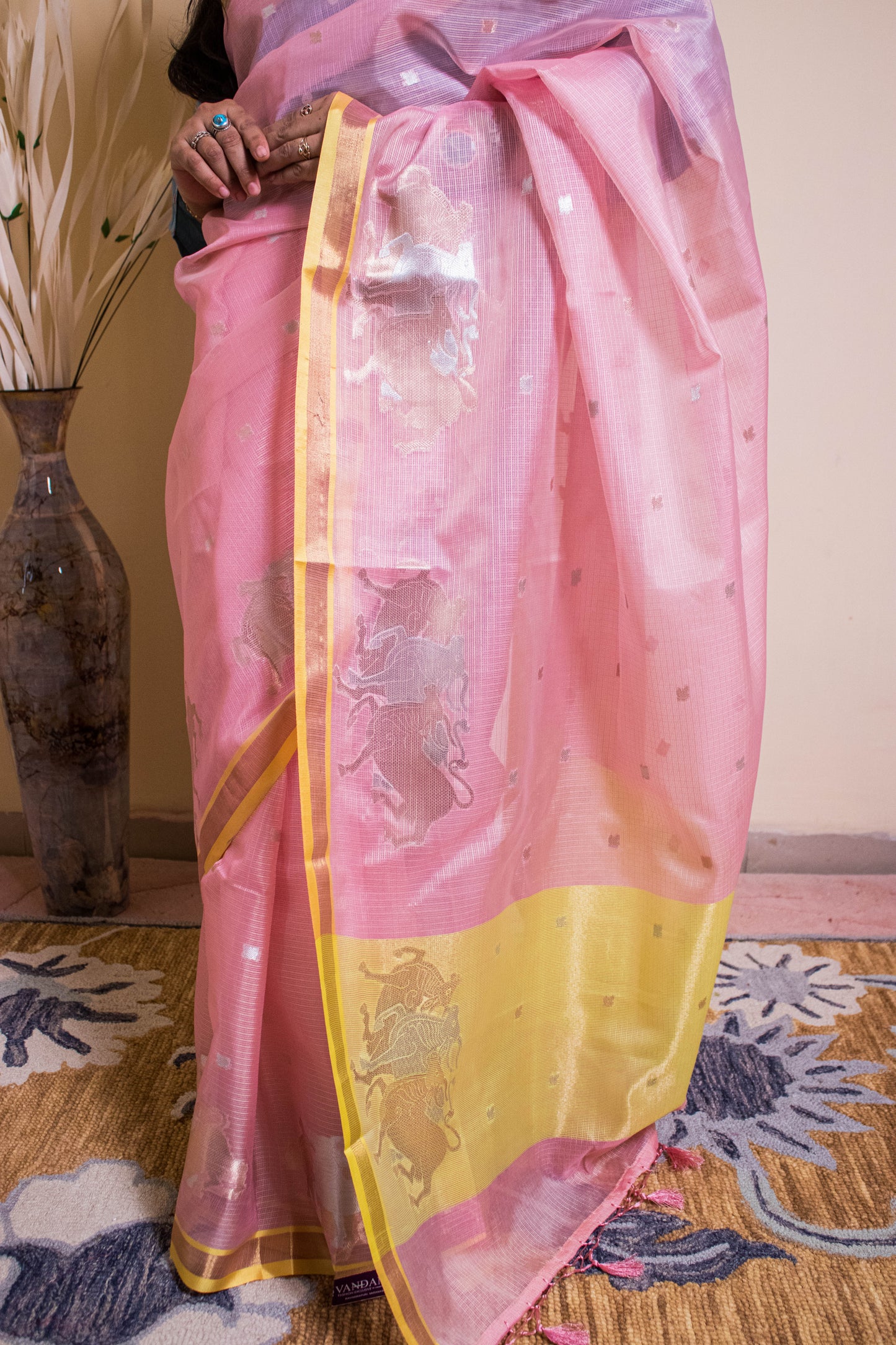 Banarasi Cotton Silk Fabric Nandi Weaved Motifs Golden Silver Weaving - Pink