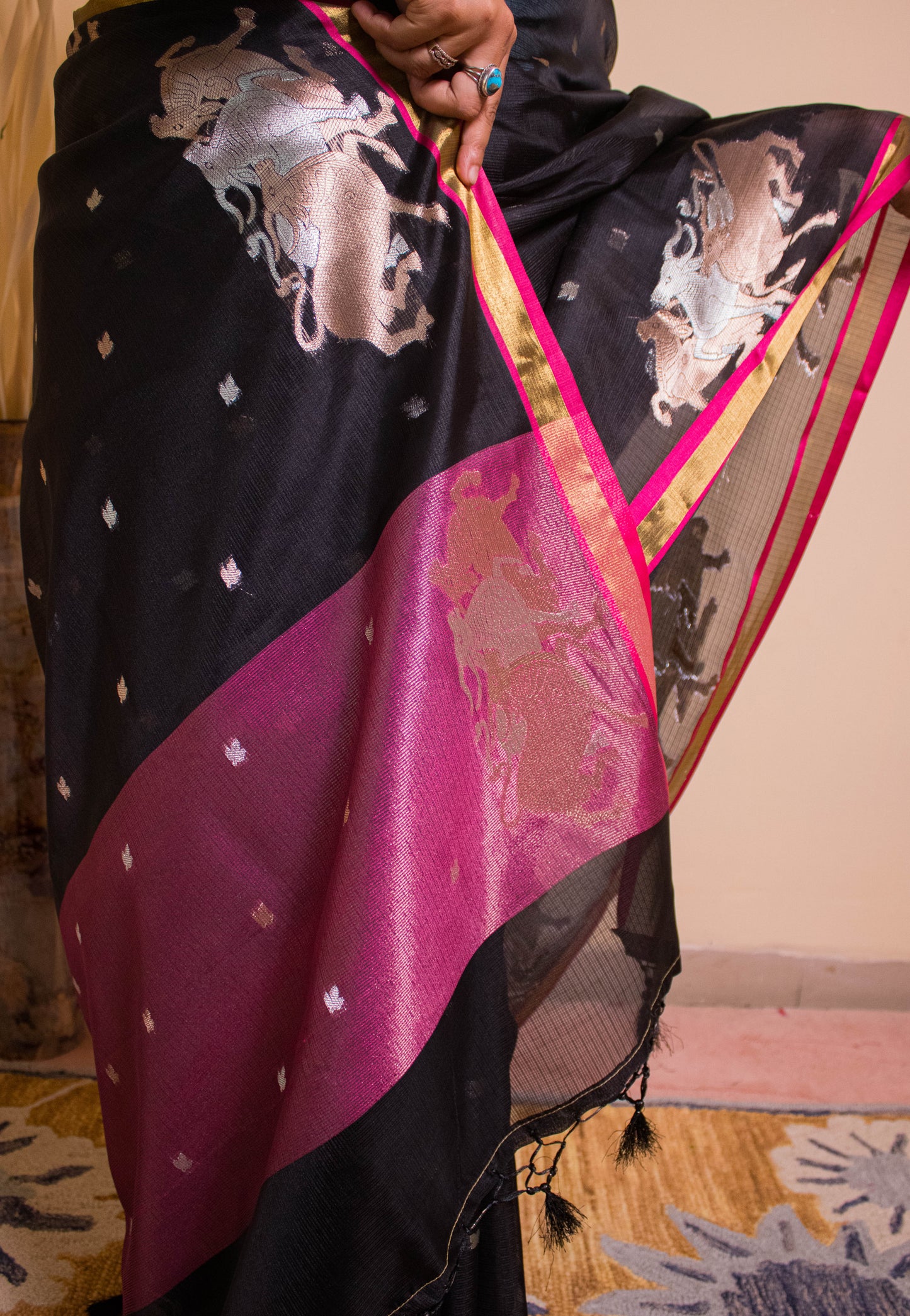 Banarasi Cotton Silk Fabric Nandi Weaved Motifs Golden Silver Weaving - Black