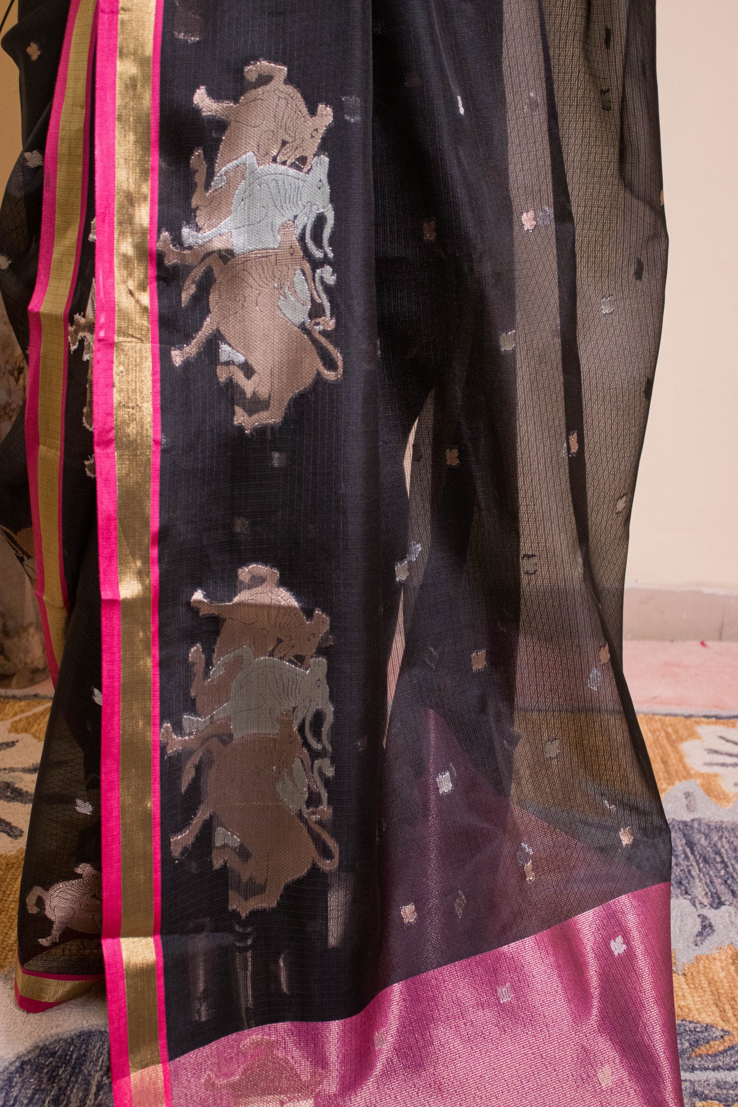 Banarasi Cotton Silk Fabric Nandi Weaved Motifs Golden Silver Weaving - Black