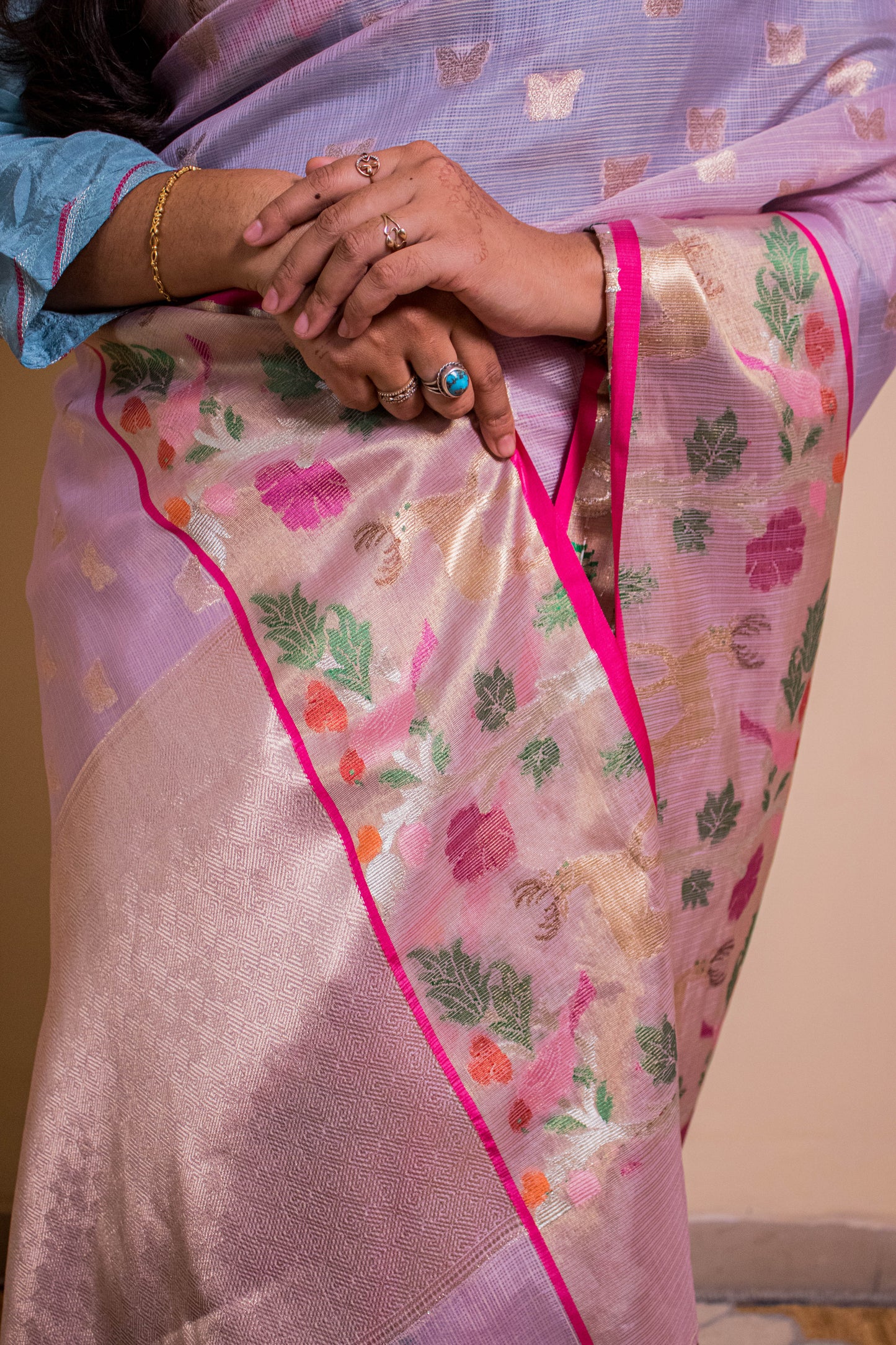 Deer And Bird Motif Paithani Weaved Border Butterfly Buti - Purple