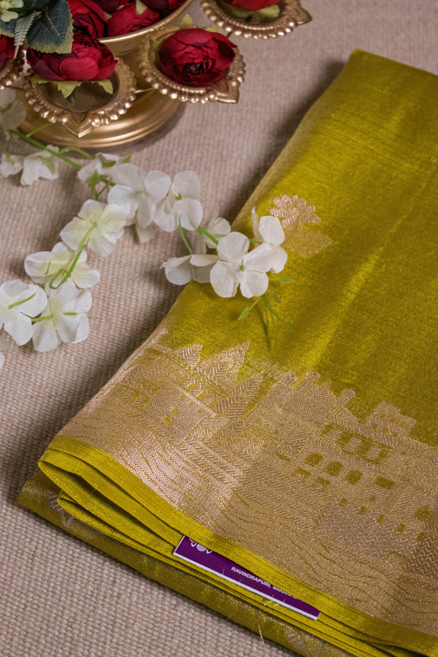 Banarasi Tissue With Ghaat Border - Green