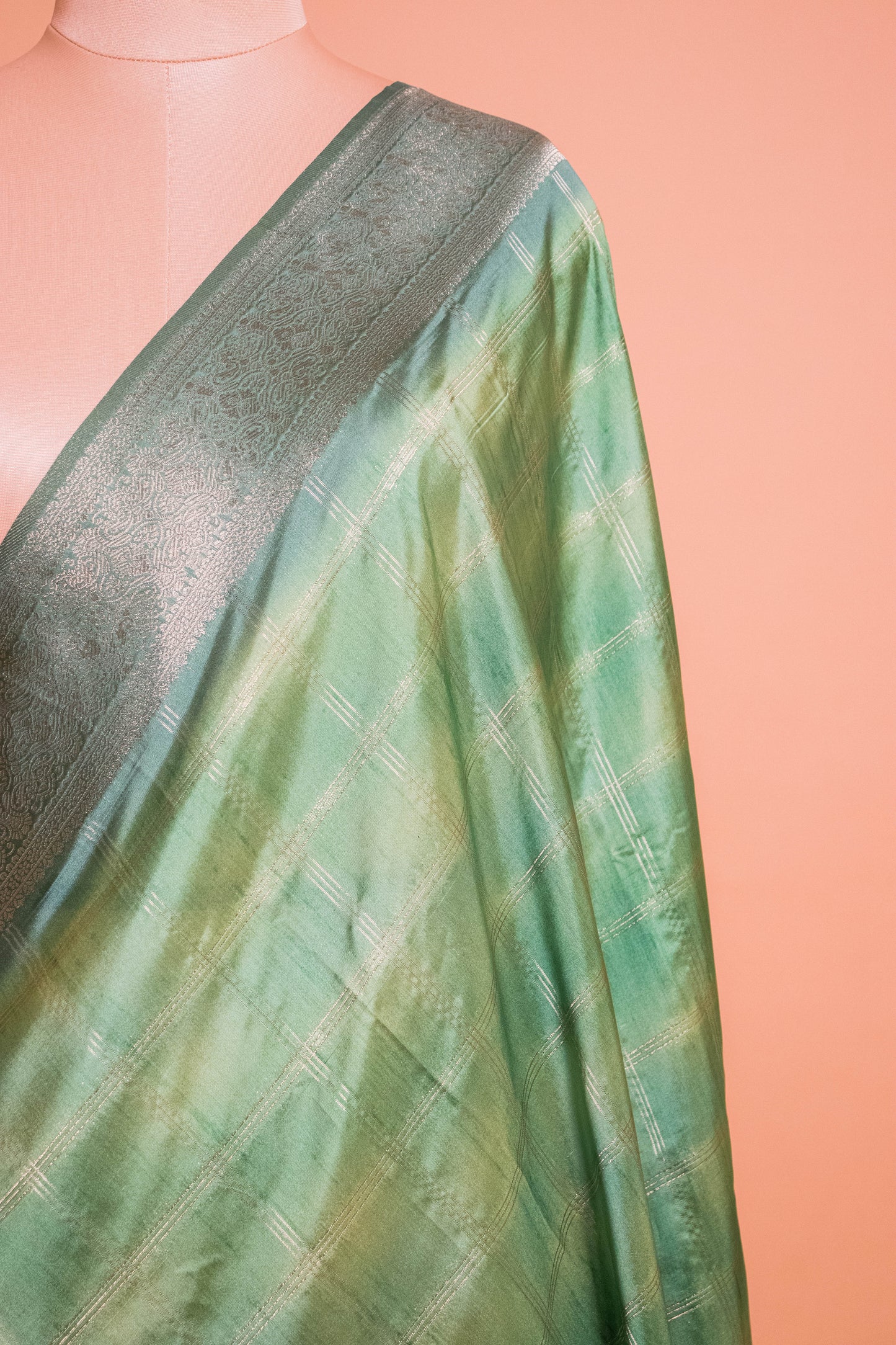 Multi Color Cotton Silk Fabric Square Weaving - Green