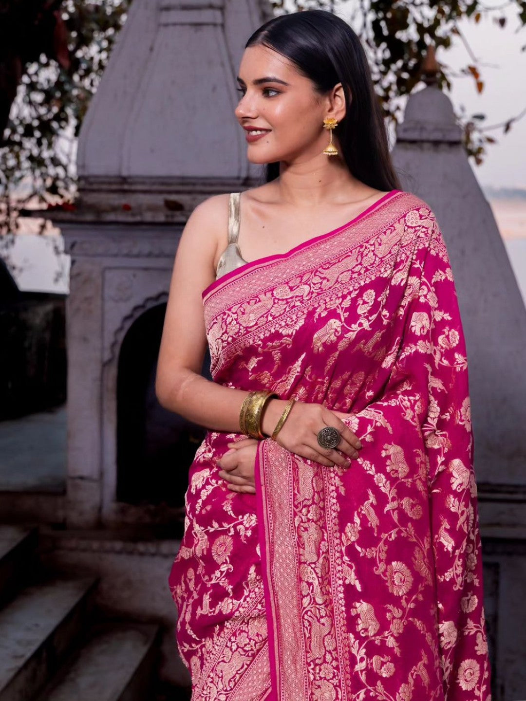 Colorful Banarasi Georgette Khaddi Silk Saree In Shikargah Weaving