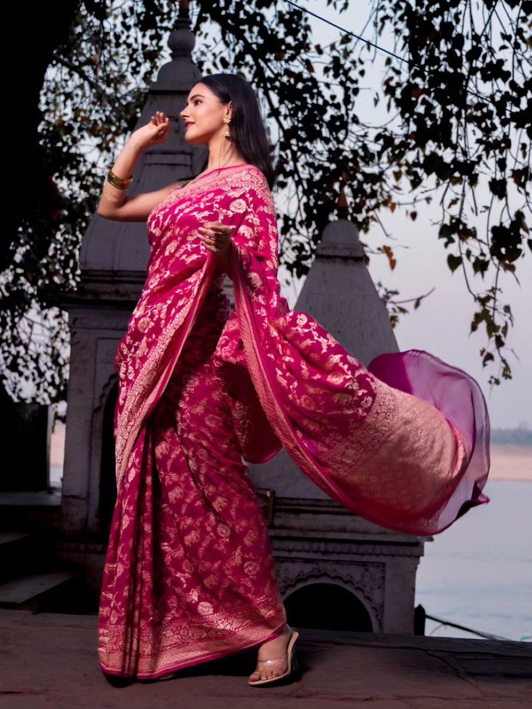 Colorful Banarasi Georgette Khaddi Silk Saree In Shikargah Weaving