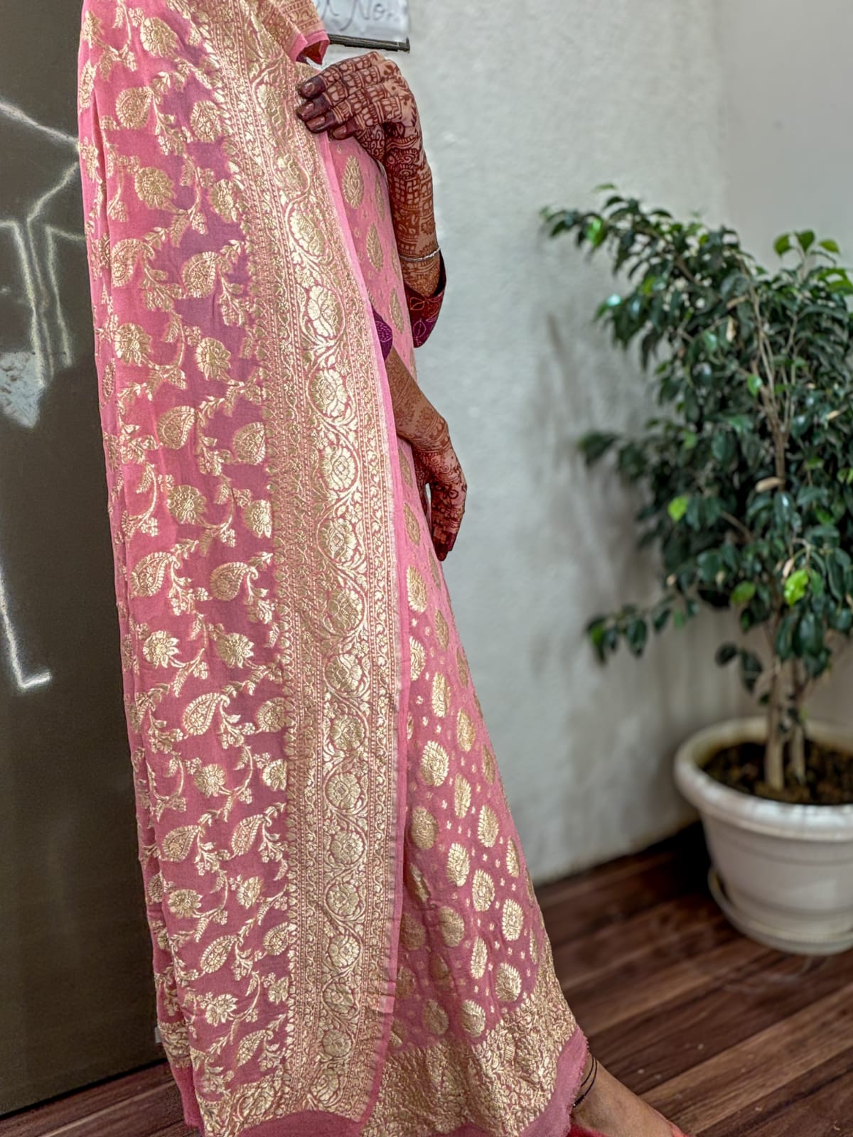 Pure Georgette Banarasi Khaddi Suit Fabric - Pink
