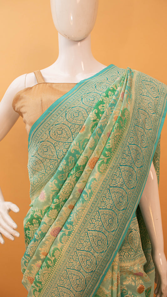 Handloom Banarasi Pure Khaddi In Water Zari Rangkaat Style Blue