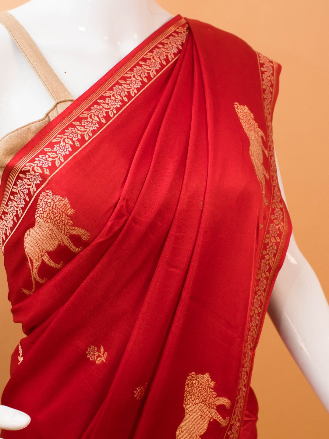 Mashru Silk With Contemporary Style Tiger Motif - Red