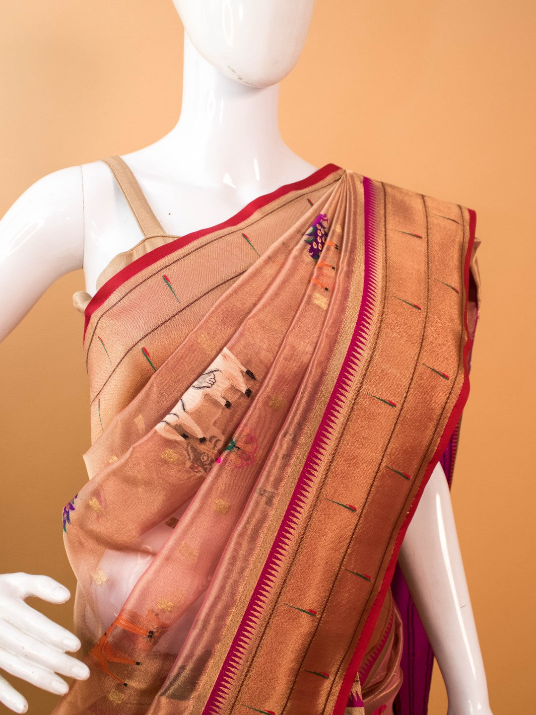Tissue Saree Conntrast Paithini Border - Peach