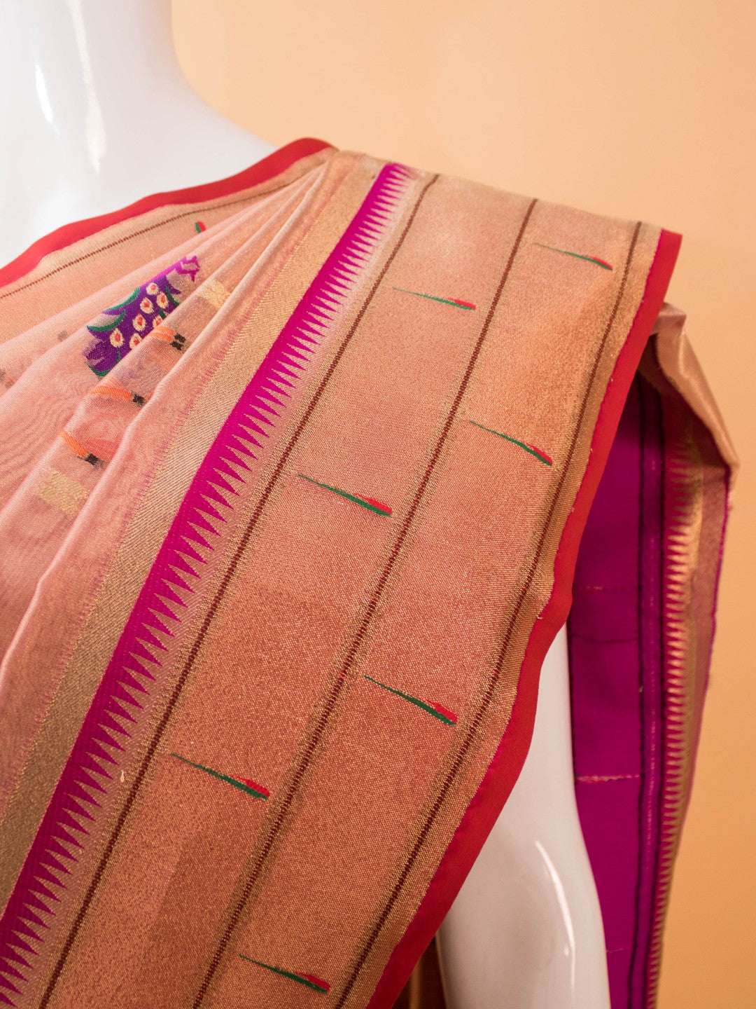 Tissue Saree Conntrast Paithini Border - Peach