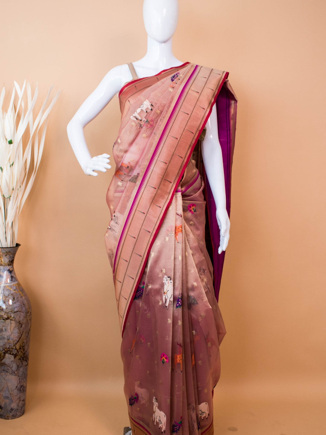 Tissue Saree Conntrast Paithini Border - Peach