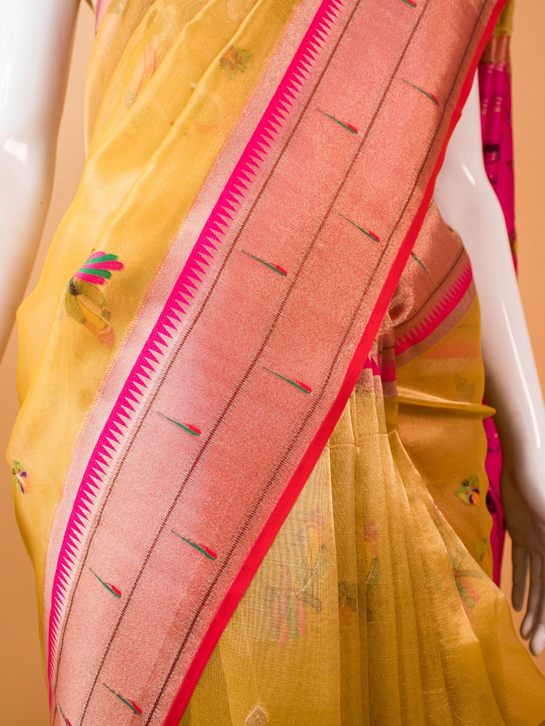 Tissue Saree Contrast Paithini Border -yellow