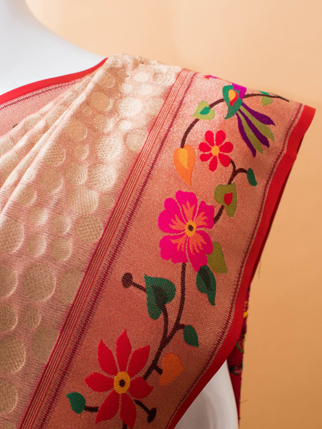 Tissue Saree Contrast Paithini Border - Peach