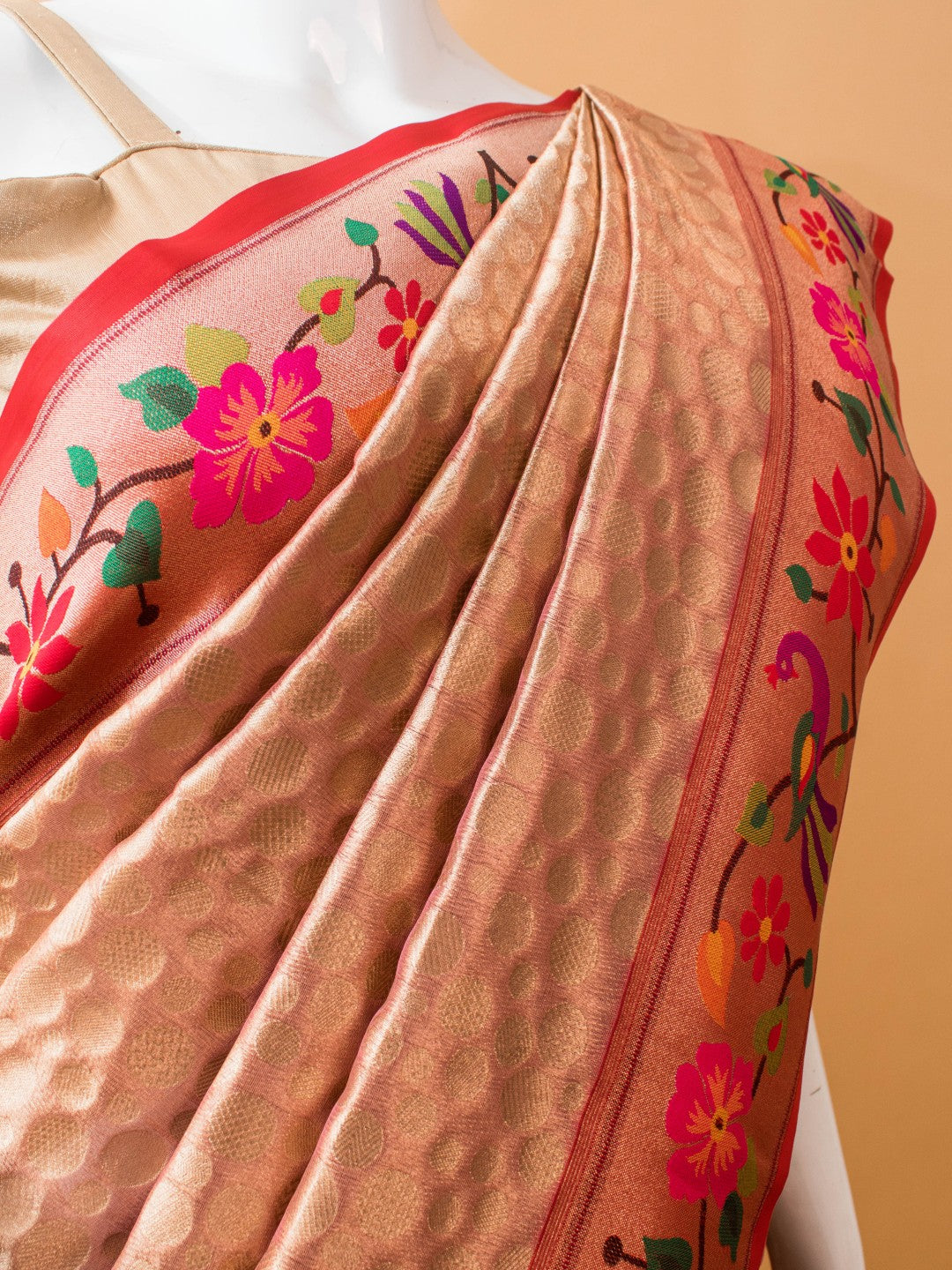 Tissue Saree Contrast Paithini Border - Peach
