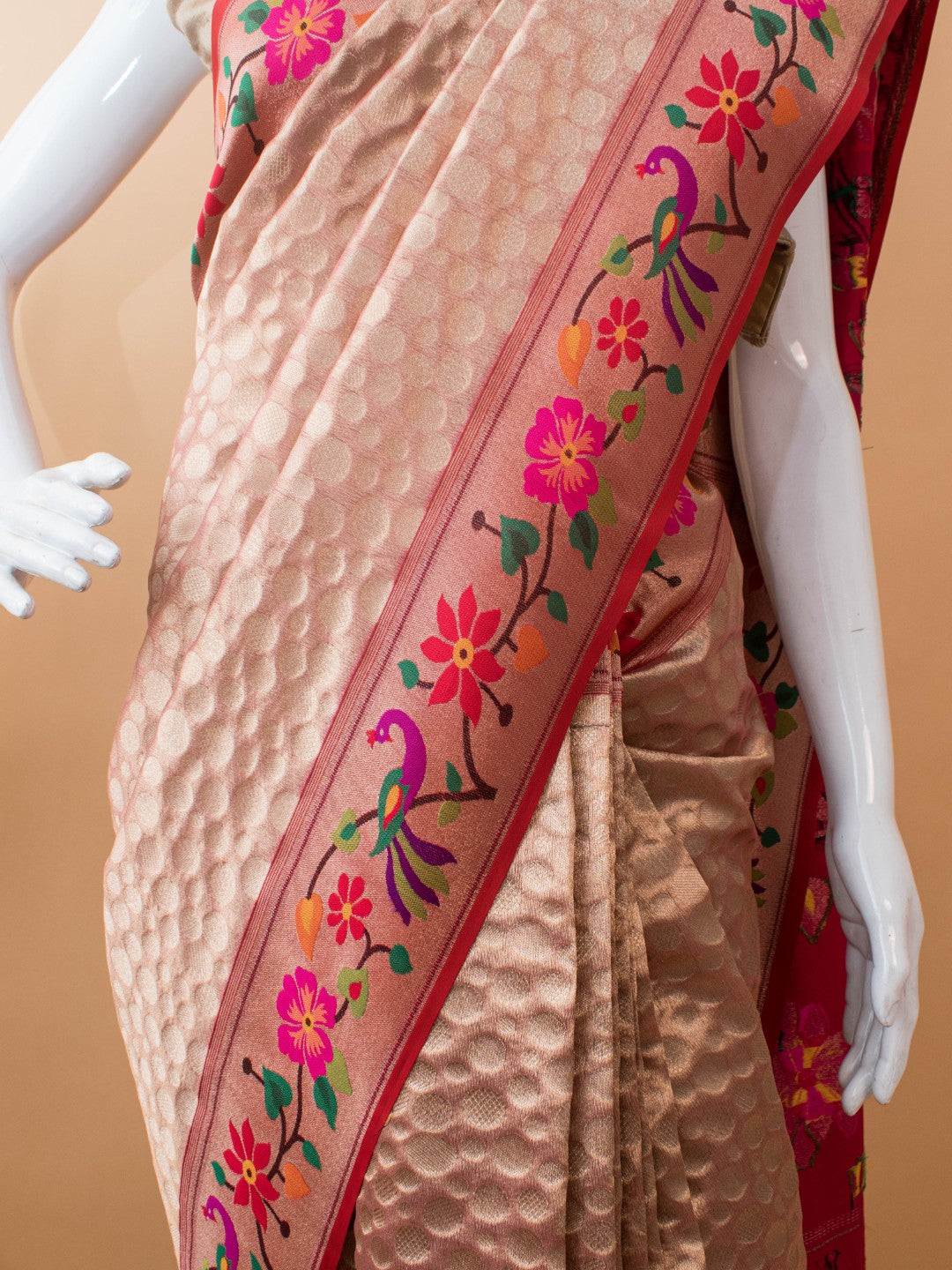 Tissue Saree Contrast Paithini Border - Peach