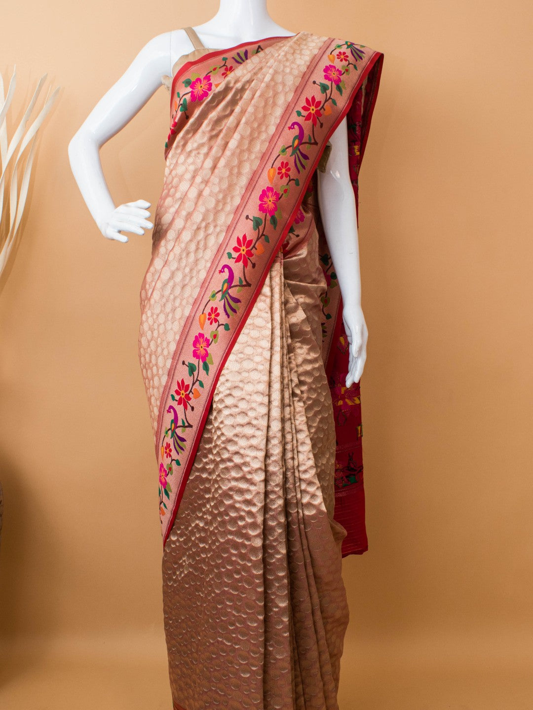 Tissue Saree Contrast Paithini Border - Peach