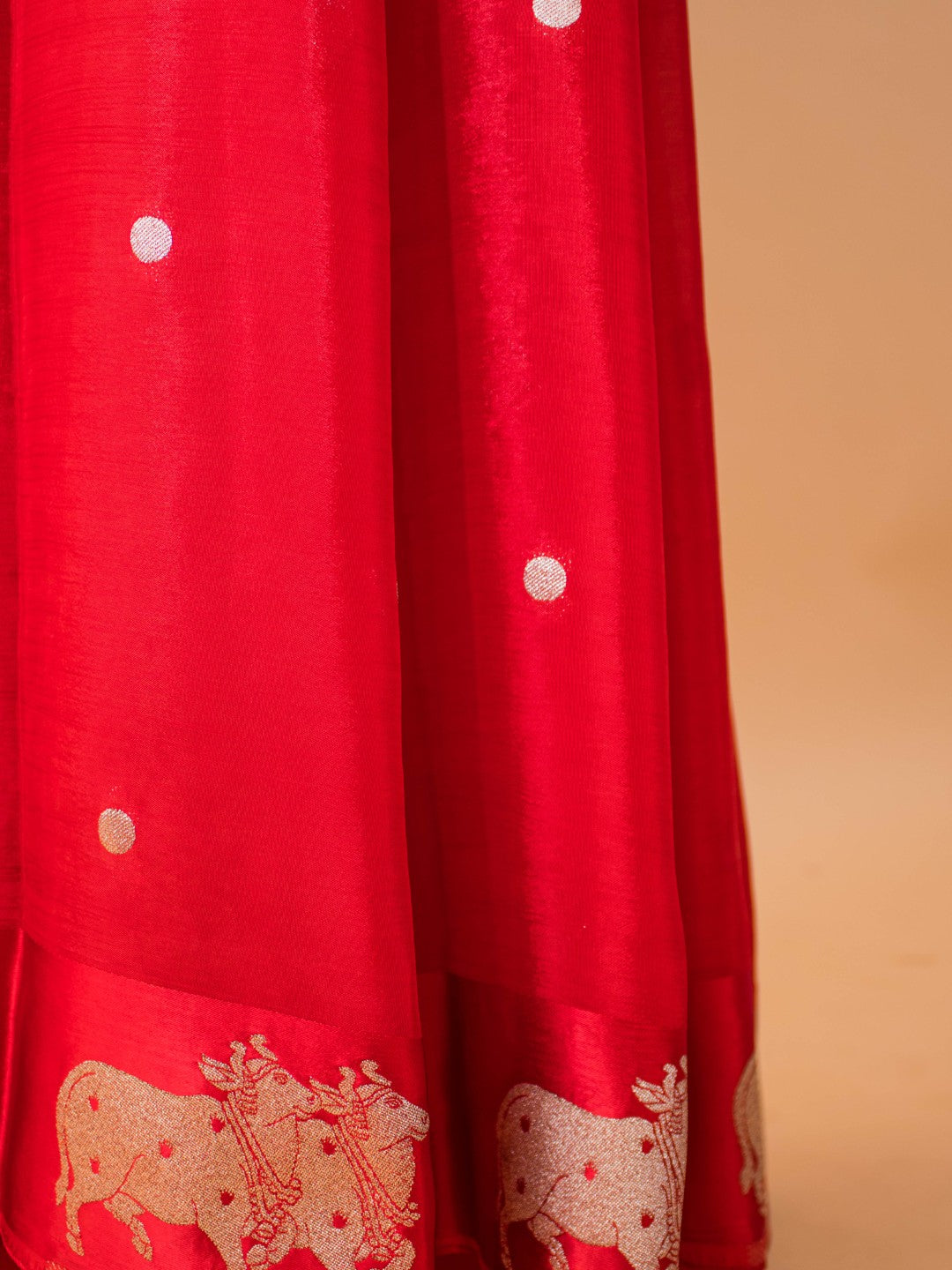 Soft Chinon Saree With Nandi Motif Border - Red
