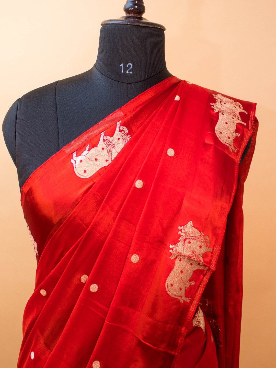 Soft Chinon Saree With Nandi Motif Border - Red