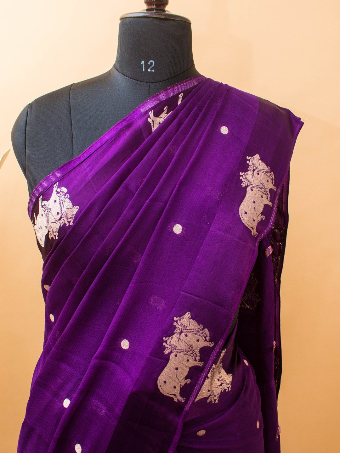 Soft Chinon Saree With Nandi Motif Border - Purple