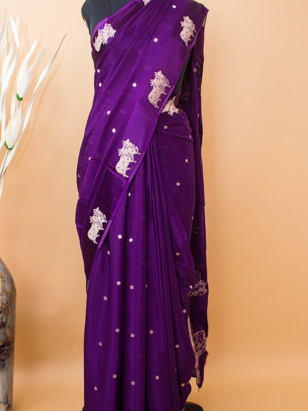 Soft Chinon Saree With Nandi Motif Border - Purple