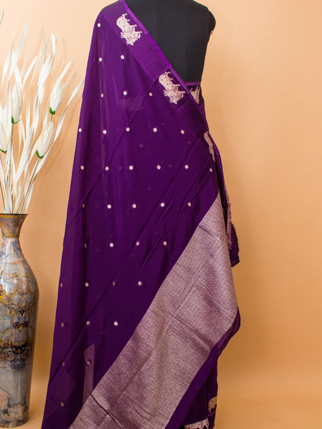 Soft Chinon Saree With Nandi Motif Border - Purple