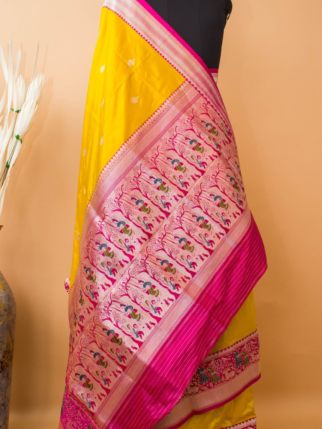 Soft Chinon Saree With Nandi Motif Border- Bottle Green