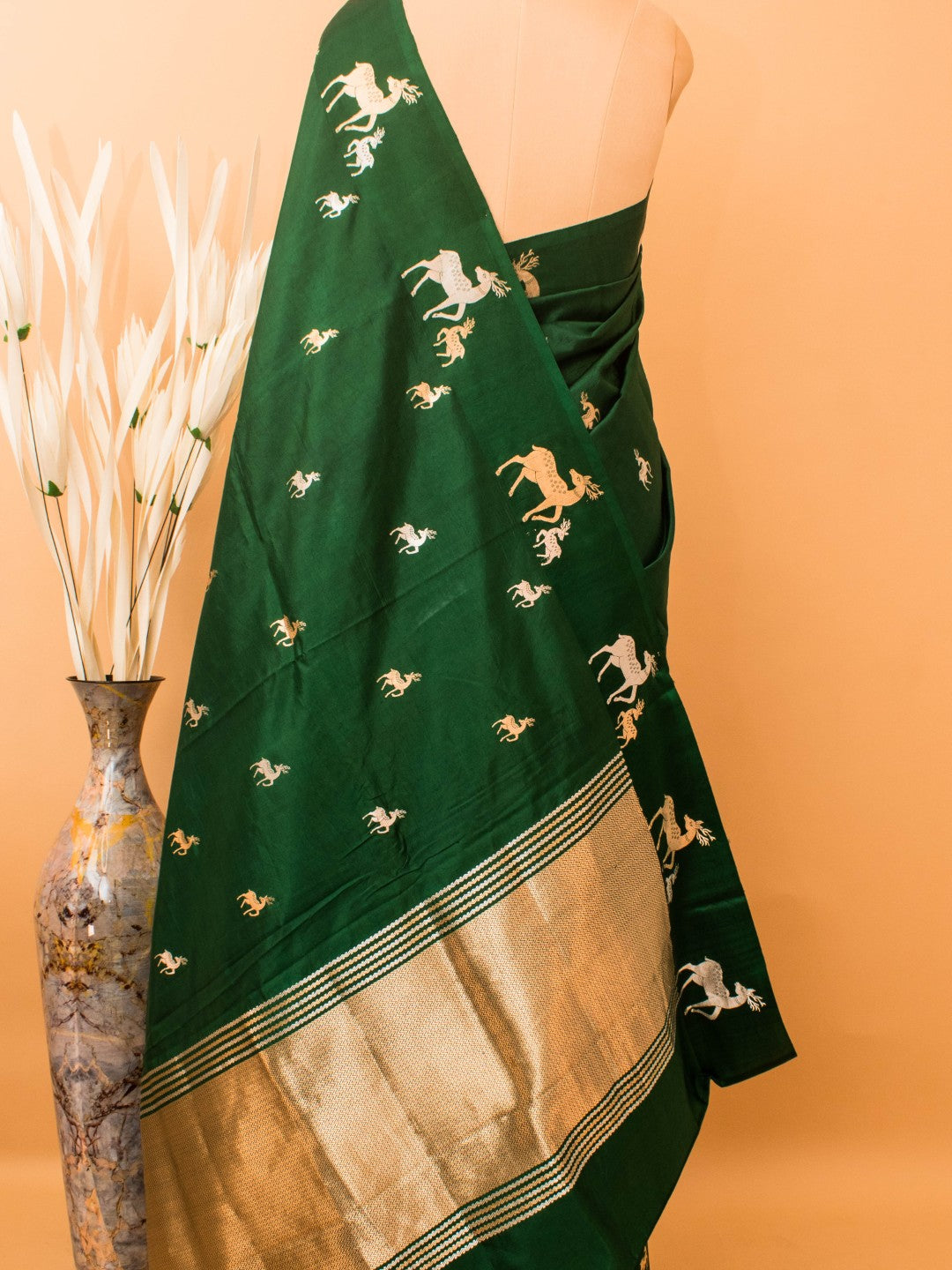 Pure Mashru Silk Deer Motifs In Silver & Golden Zari - Bottle Green