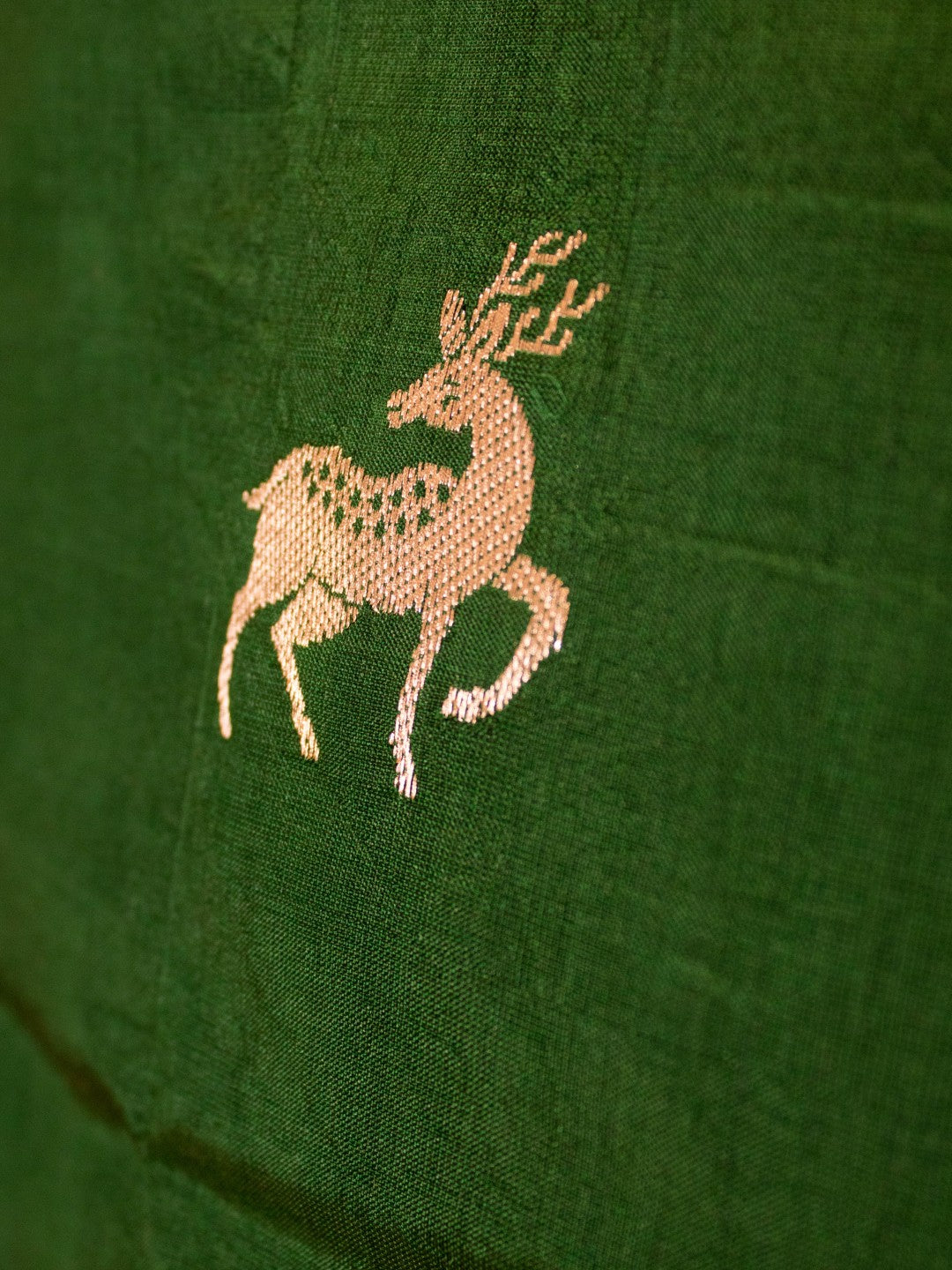 Pure Mashru Silk Deer Motifs In Silver & Golden Zari - Bottle Green