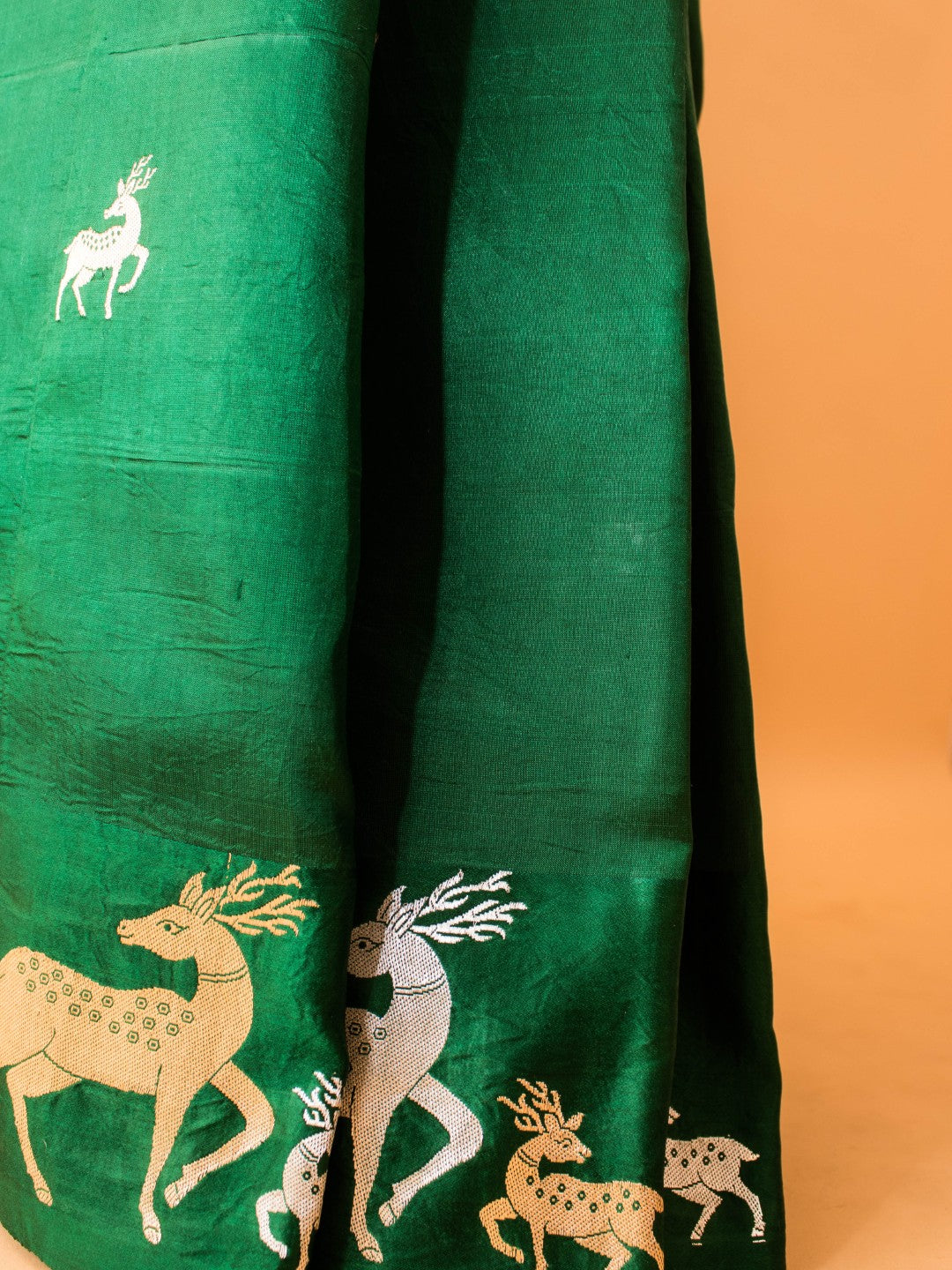 Pure Mashru Silk Deer Motifs In Silver & Golden Zari - Bottle Green