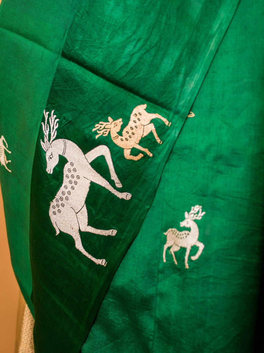 Pure Mashru Silk Deer Motifs In Silver & Golden Zari - Bottle Green