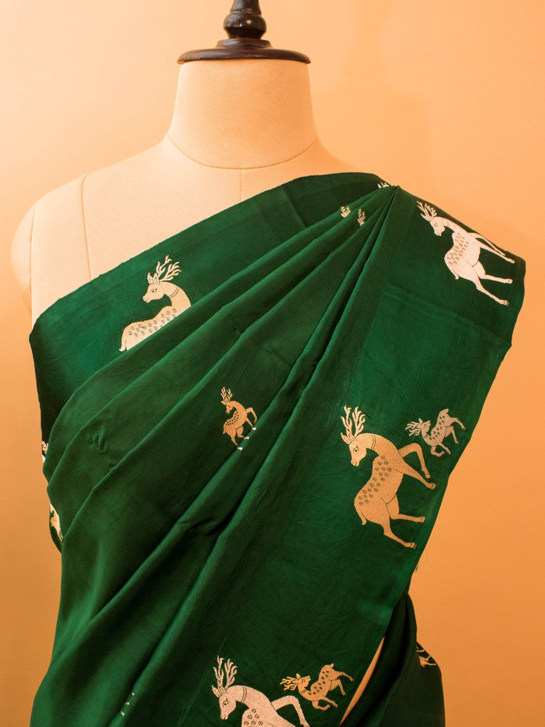 Pure Mashru Silk Deer Motifs In Silver & Golden Zari - Bottle Green