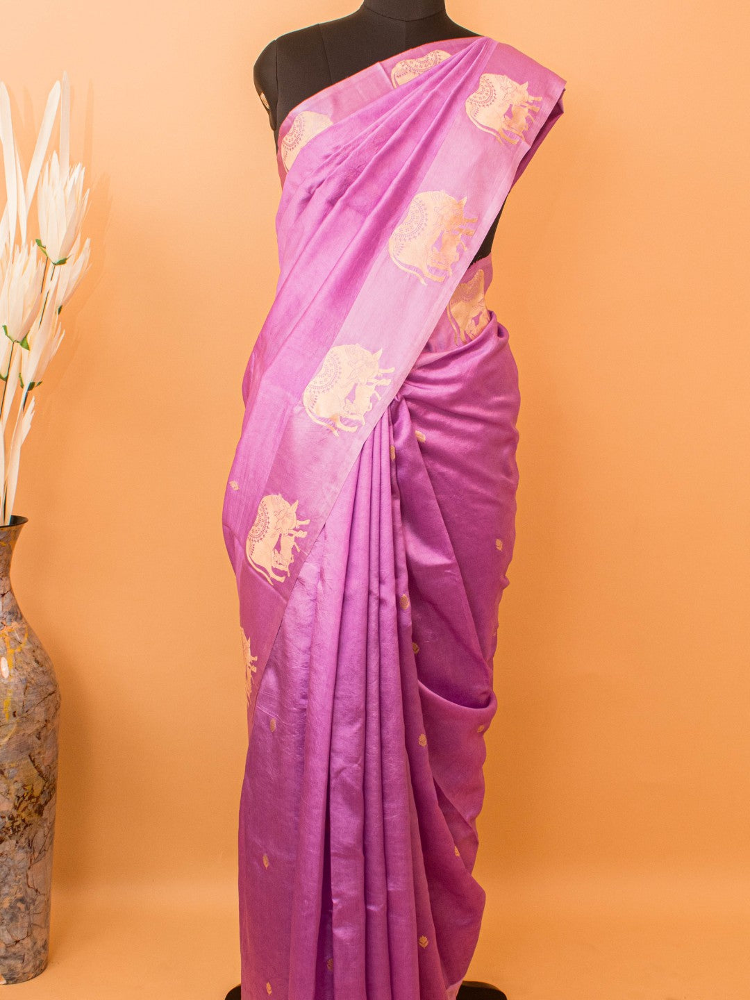 Mother Cow Feeding Its Calf In Pure Mashru Silk Saree - Purple