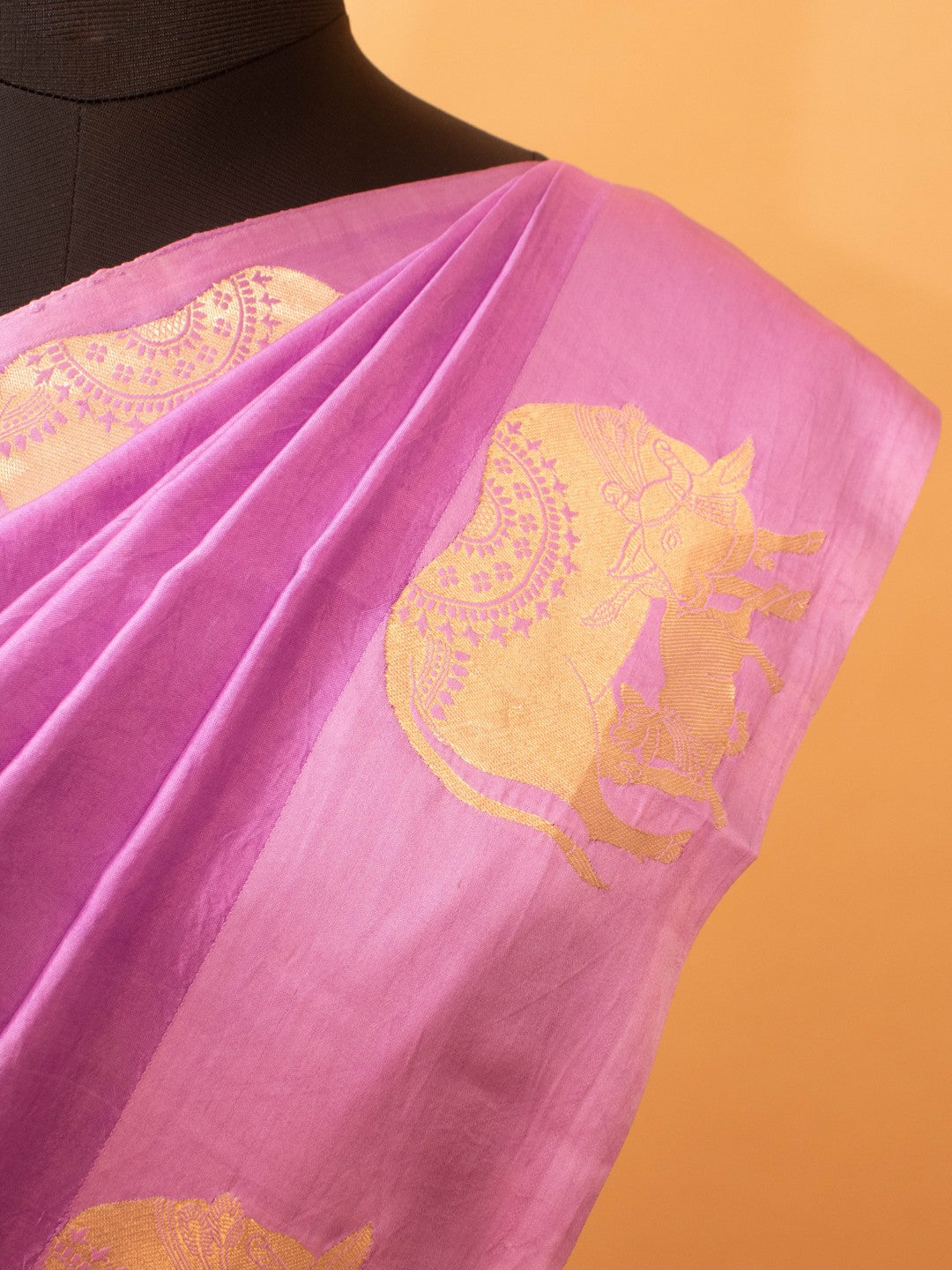 Mother Cow Feeding Its Calf In Pure Mashru Silk Saree - Purple