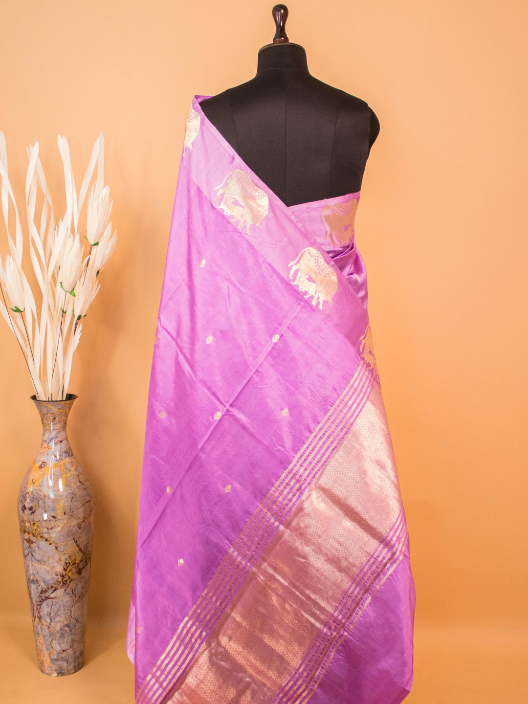 Mother Cow Feeding Its Calf In Pure Mashru Silk Saree - Purple