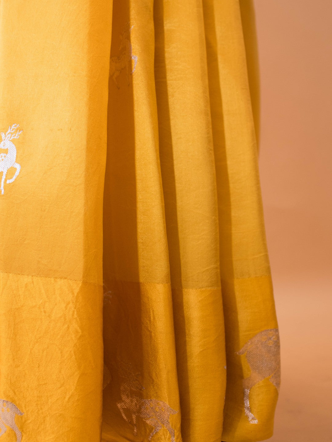 Pure Mashru Silk Deer Motifs In Silver & Golden Zari - Yellow