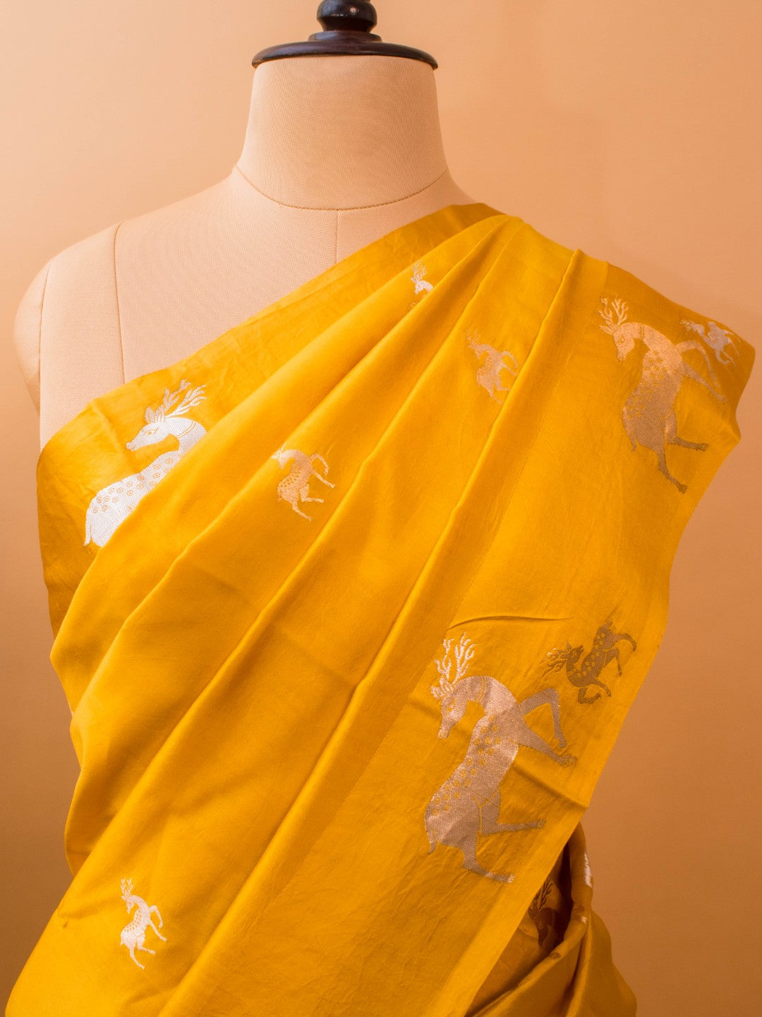 Pure Mashru Silk Deer Motifs In Silver & Golden Zari - Yellow