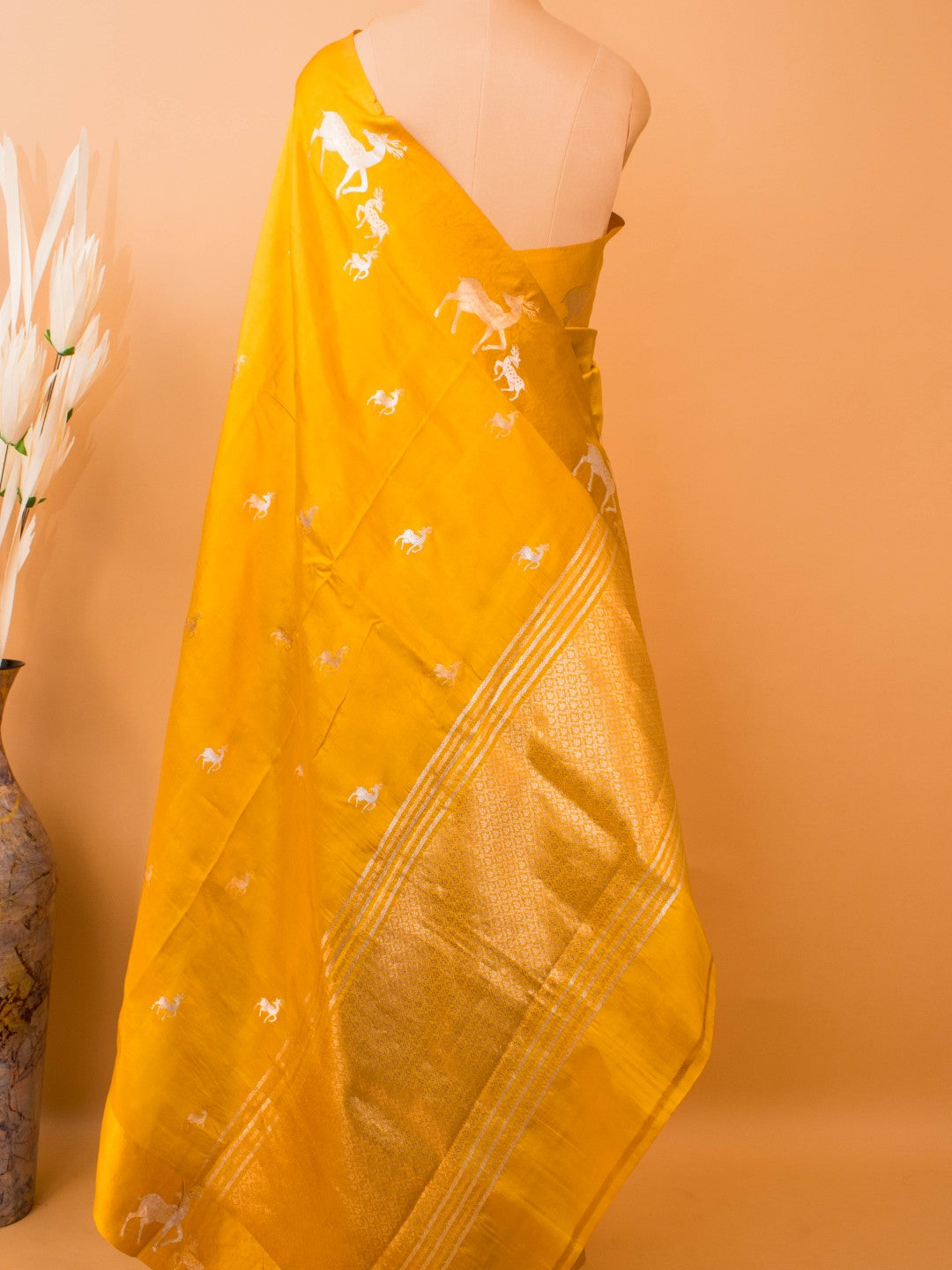 Pure Mashru Silk Deer Motifs In Silver & Golden Zari - Yellow
