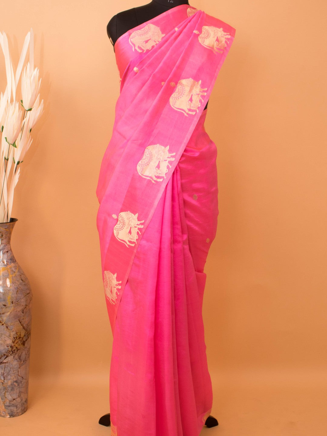 Pure Mashru Silk Nandi Motifs In Silver & Golden Zari - Pink