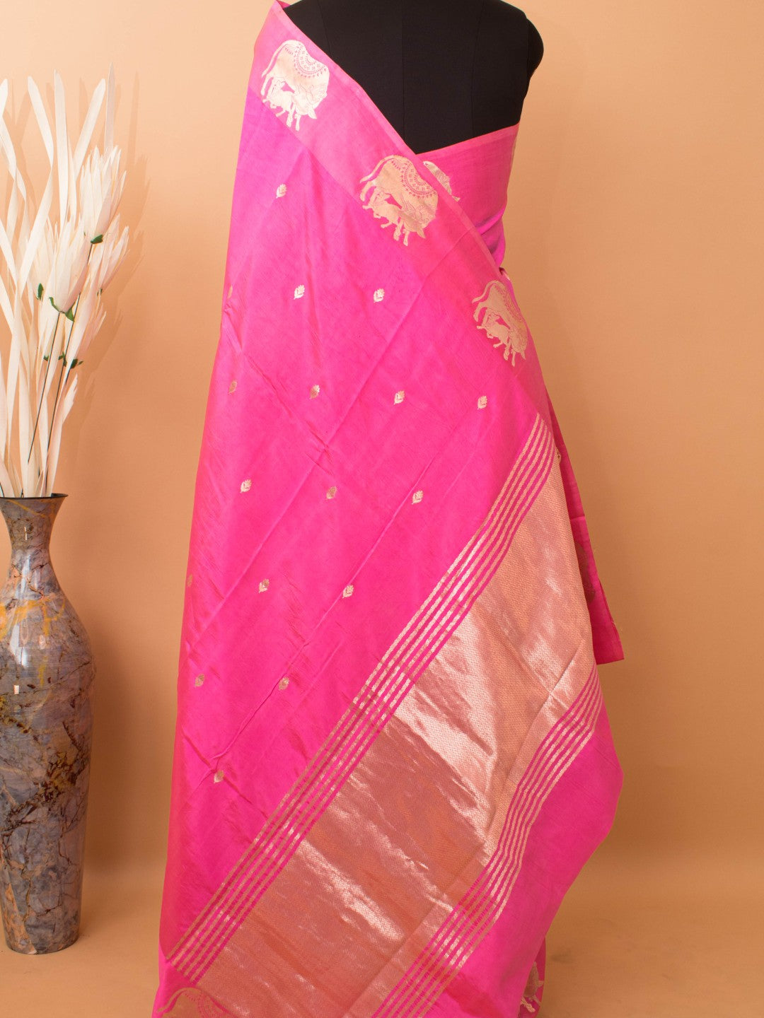 Pure Mashru Silk Nandi Motifs In Silver & Golden Zari - Pink